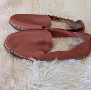 UGG Women's Leather Moccasin Slippers in Brick Red with Shearling Lining